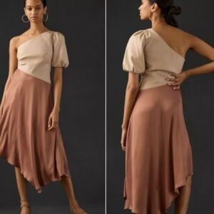 By Anthropologie Faux Leather One-Shoulder Asymmetrical Midi Dress